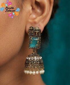 Premium Elephant Designer Light Blue And White Stone With White Pearl Oxidised Gold Jhumka