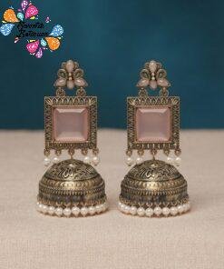 Premium Floral Designer Rose Pink Stone With White Pearl Oxidised Gold Jhumkha Premium Floral Designer Rose Pink Stone With White Pearl Oxidised Gold Jhumkha