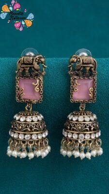Premium Elephant Designer Light Pink And White Stone With White Pearl Oxidised Gold Jhumka
