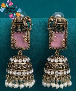 Premium Elephant Designer Light Pink And White Stone With White Pearl Oxidised Gold Jhumka