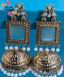 Premium Floral Designer Sky Blue Stone With White Pearl Oxidised Gold Jhumkha Premium Floral Designer Sky Blue Stone With White Pearl Oxidised Gold Jhumkha