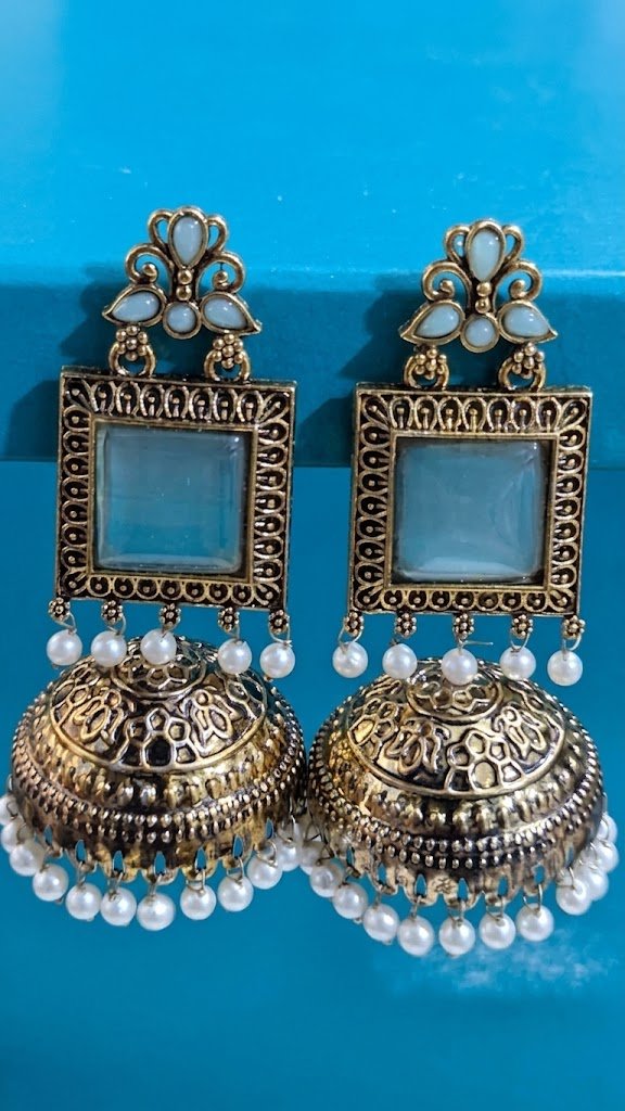 Premium Floral Designer Sky Blue Stone With White Pearl Oxidised Gold Jhumkha Premium Floral Designer Sky Blue Stone With White Pearl Oxidised Gold Jhumkha - Image 3