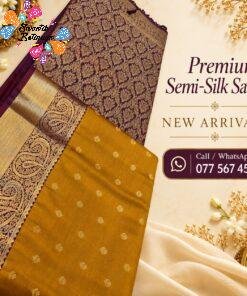 Floral Designer Mustard Yellow With Deep Wine Purple Premium Semi Silk Saree