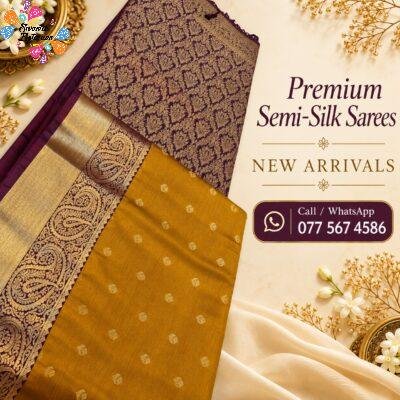Floral Designer Mustard Yellow With Deep Wine Purple Premium Semi Silk Saree