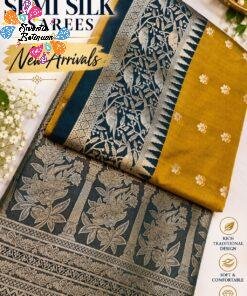 Floral Designer Mustard Gold With Deep Peacock Blue Premium Semi Silk Saree
