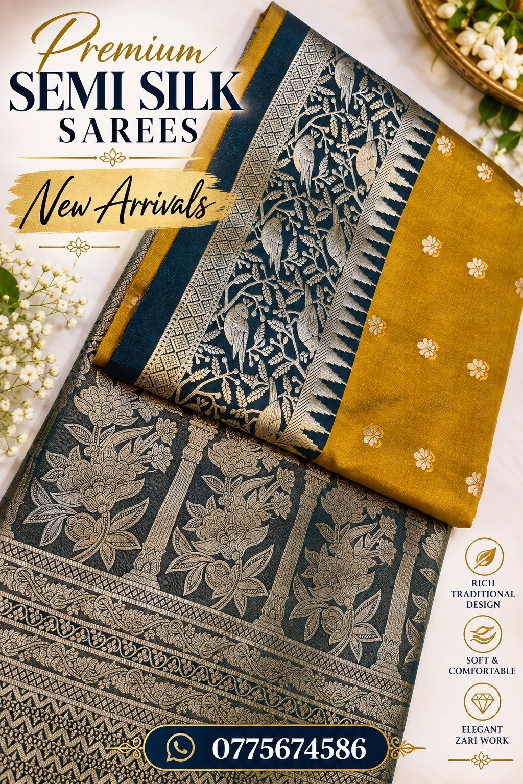 Floral Designer Mustard Gold With Deep Peacock Blue Premium Semi Silk Saree Floral Designer Mustard Gold With Deep Peacock Blue Premium Semi Silk Saree