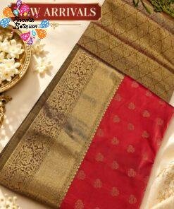 Gold Weave Designer Rust Red And Olive Green Premium Semi Silk Saree