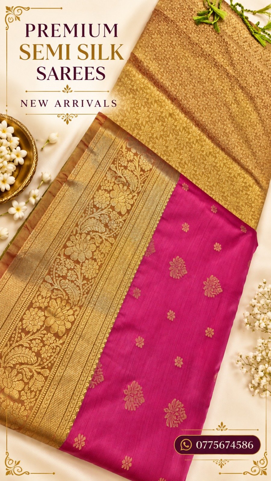 Floral Designer Magenta And Yellow Premium Semi Silk Saree Floral Designer Magenta And Yellow Premium Semi Silk Saree - Image 2