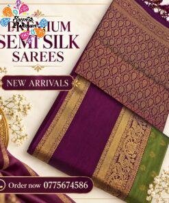 Floral Designer Light Green And Wine Purple Premium Semi Silk Saree