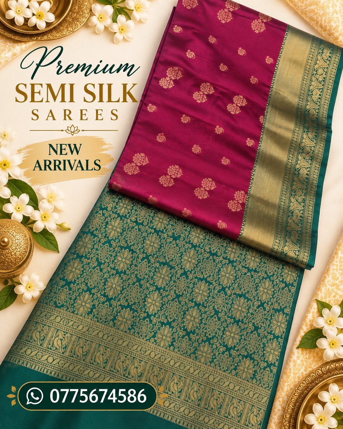 Flower Designer Deep Wine And Peacock Green Premium Semi Silk Saree Flower Designer Deep Wine And Peacock Green Premium Semi Silk Saree