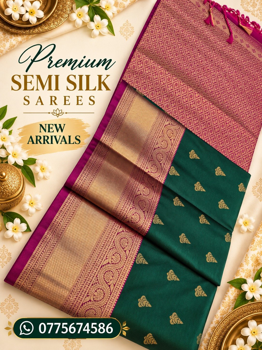 Floral Designer Green And Magenta Premium Semi Silk Saree Floral Designer Green And Magenta Premium Semi Silk Saree
