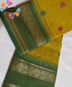 Yellow And Bottle Green With Gold Zari Border Premium Kanchi Cotton Saree with Rich Pallu