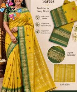 Yellow And Bottle Green With Gold Zari Border Premium Kanchi Cotton Saree with Rich Pallu