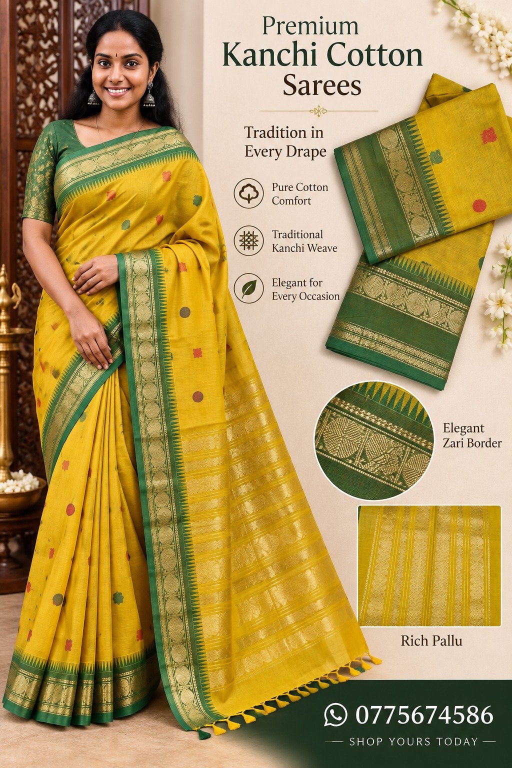 Yellow And Bottle Green With Gold Zari Border Premium Kanchi Cotton Saree with Rich Pallu Yellow And Bottle Green With Gold Zari Border Premium Kanchi Cotton Saree with Rich Pallu