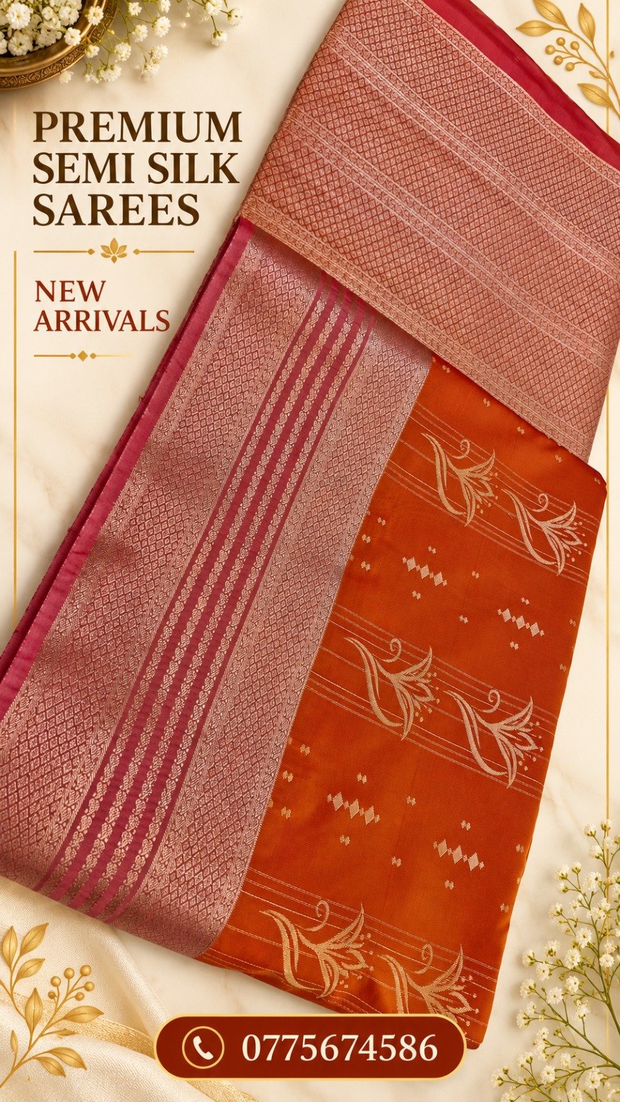 Floral Designer Royal Orange With Peach Premium Semi Silk Saree Floral Designer Royal Orange With Peach Premium Semi Silk Saree
