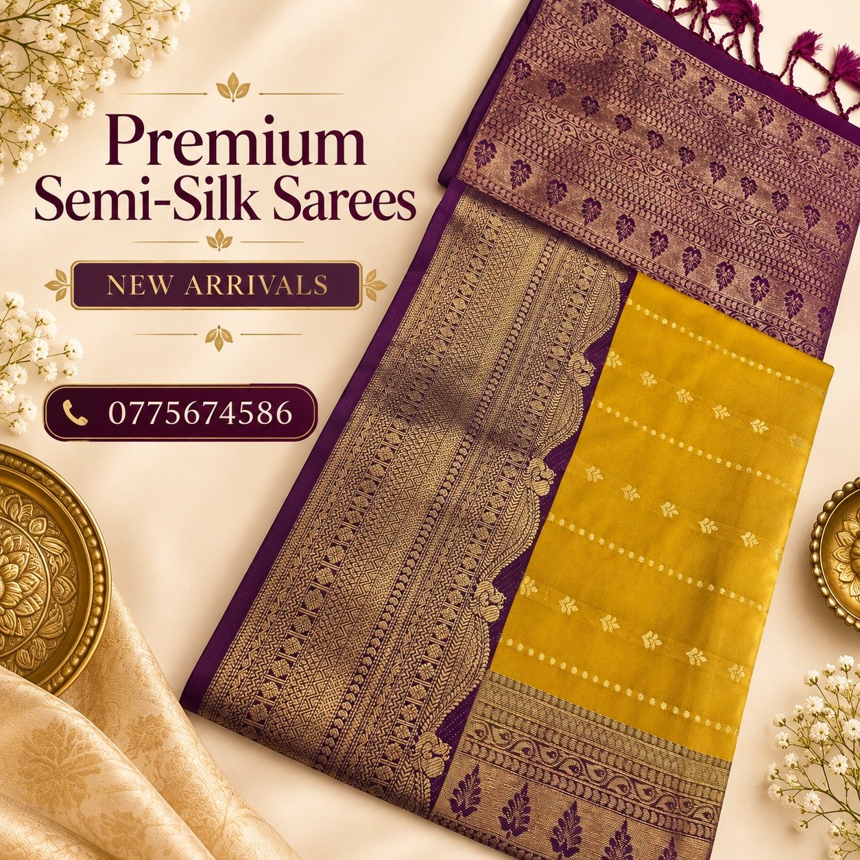 Floral Designer Mustard Yellow With Royal Purple Premium Semi Silk Saree Floral Designer Mustard Yellow With Royal Purple Premium Semi Silk Saree