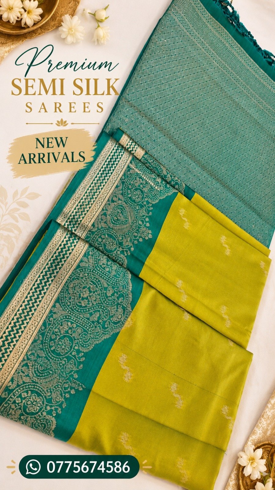 Floral Designer Parrot Green with Teal Green Premium Semi Silk Saree Floral Designer Parrot Green with Teal Green Premium Semi Silk Saree - Image 2