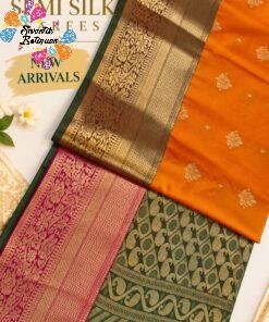 Floral Designer Rust Orange With Green Premium Semi Silk Saree