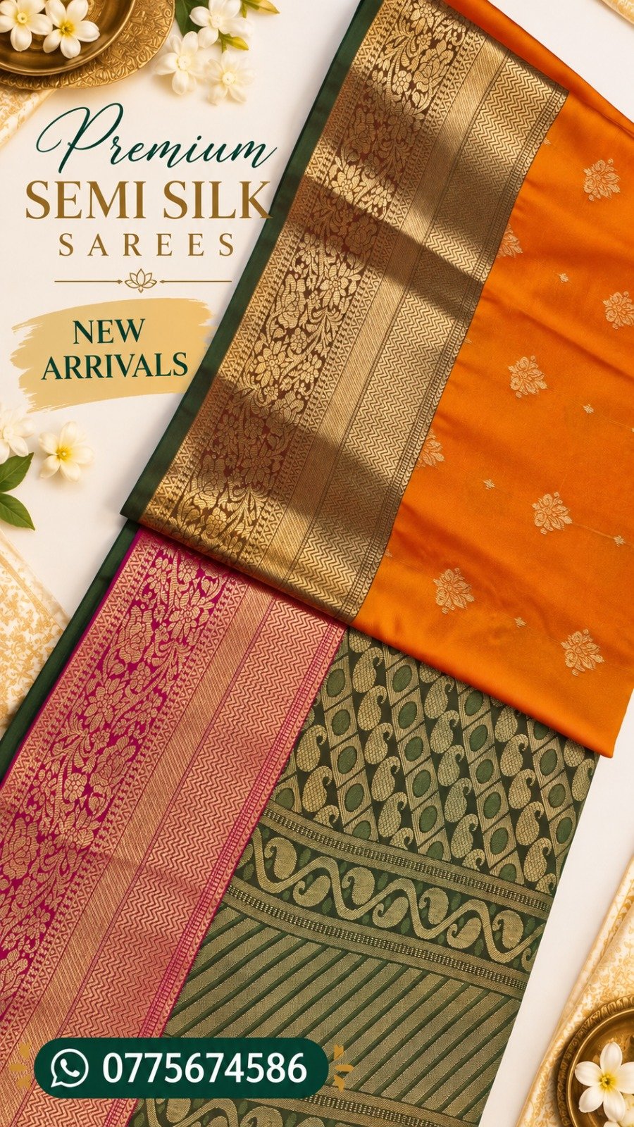 Floral Designer Rust Orange With Green Premium Semi Silk Saree Floral Designer Rust Orange With Green Premium Semi Silk Saree