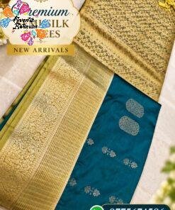 Floral Designer Peacock Blue With Olive Green Premium Semi Silk Saree