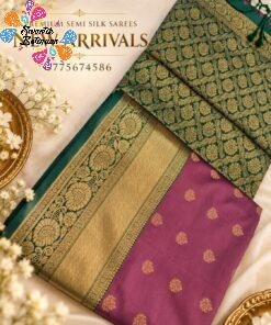 Floral Designer Onion Pink With Dark Green Premium Semi Silk Saree