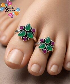 Flower Designer Green And Purple Stone Mixed Oxidised Silver Toe Rings