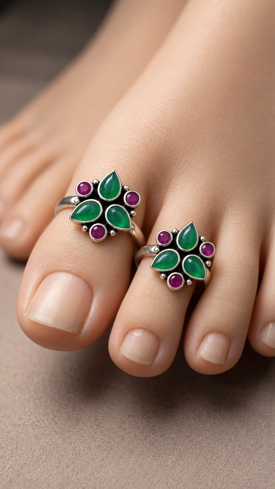 Flower Designer Green And Purple Stone Mixed Oxidised Silver Toe Rings Flower Designer Green And Purple Stone Mixed Oxidised Silver Toe Rings
