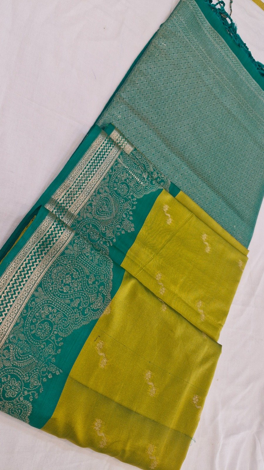 Floral Designer Parrot Green with Teal Green Premium Semi Silk Saree Floral Designer Parrot Green with Teal Green Premium Semi Silk Saree - Image 3