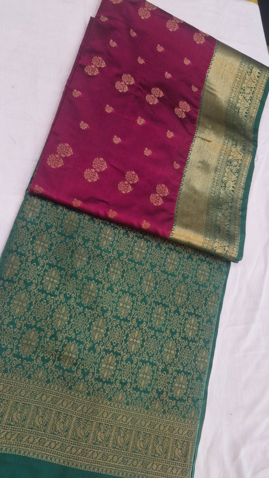 Flower Designer Deep Wine And Peacock Green Premium Semi Silk Saree Flower Designer Deep Wine And Peacock Green Premium Semi Silk Saree - Image 3