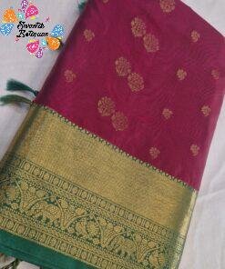Flower Designer Deep Wine And Peacock Green Premium Semi Silk Saree