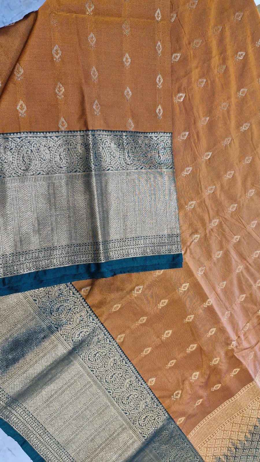Gold Weave Designer Rust Orange And Teal Green Premium Semi Silk Saree Gold Weave Designer Rust Orange And Teal Green Premium Semi Silk Saree - Image 6