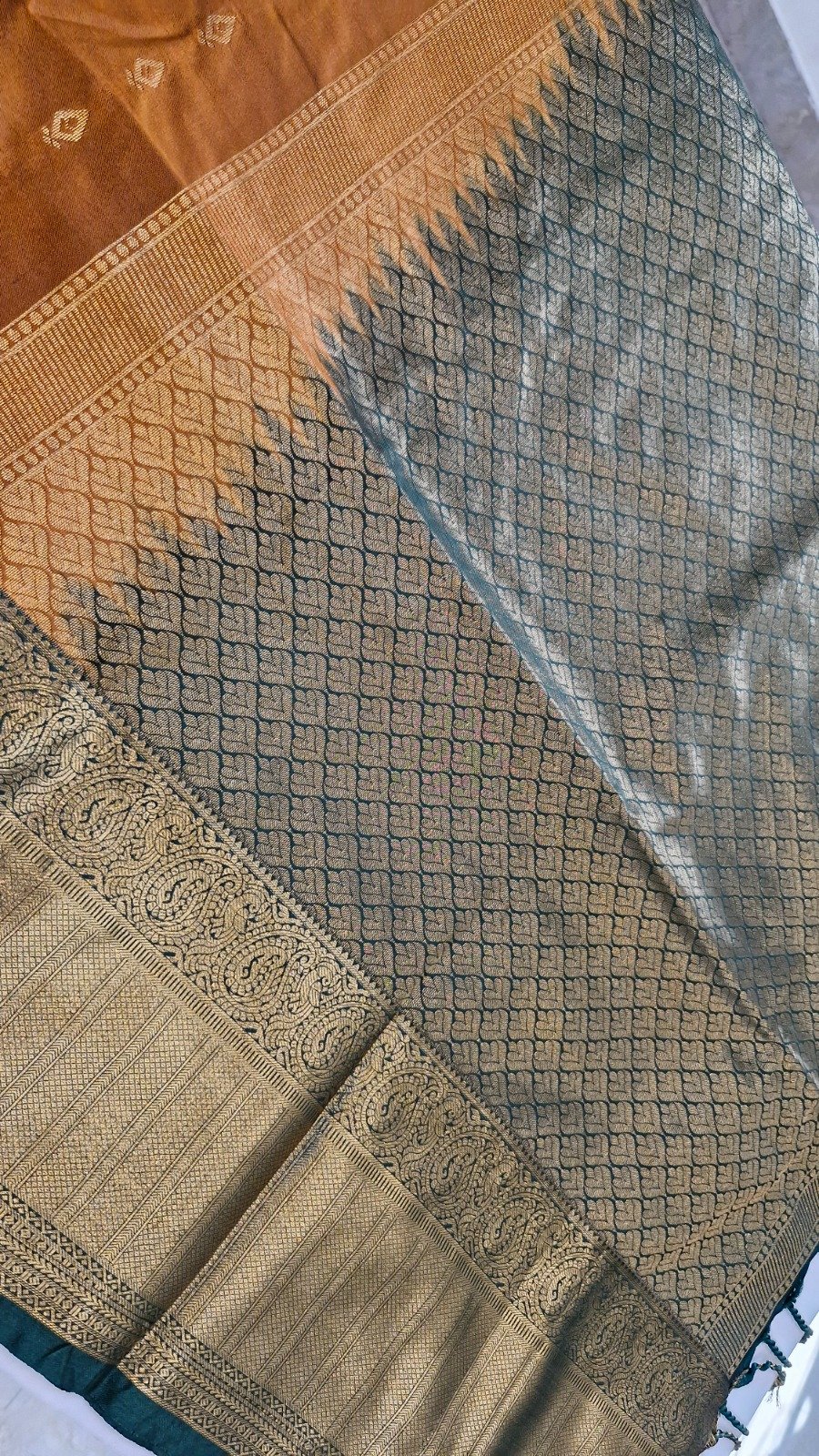 Gold Weave Designer Rust Orange And Teal Green Premium Semi Silk Saree Gold Weave Designer Rust Orange And Teal Green Premium Semi Silk Saree - Image 7