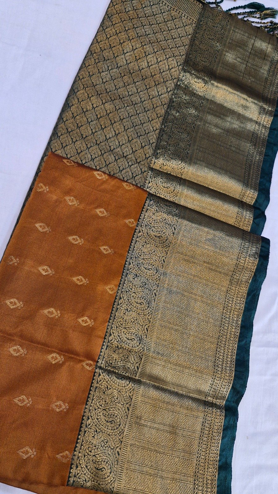 Gold Weave Designer Rust Orange And Teal Green Premium Semi Silk Saree Gold Weave Designer Rust Orange And Teal Green Premium Semi Silk Saree - Image 3