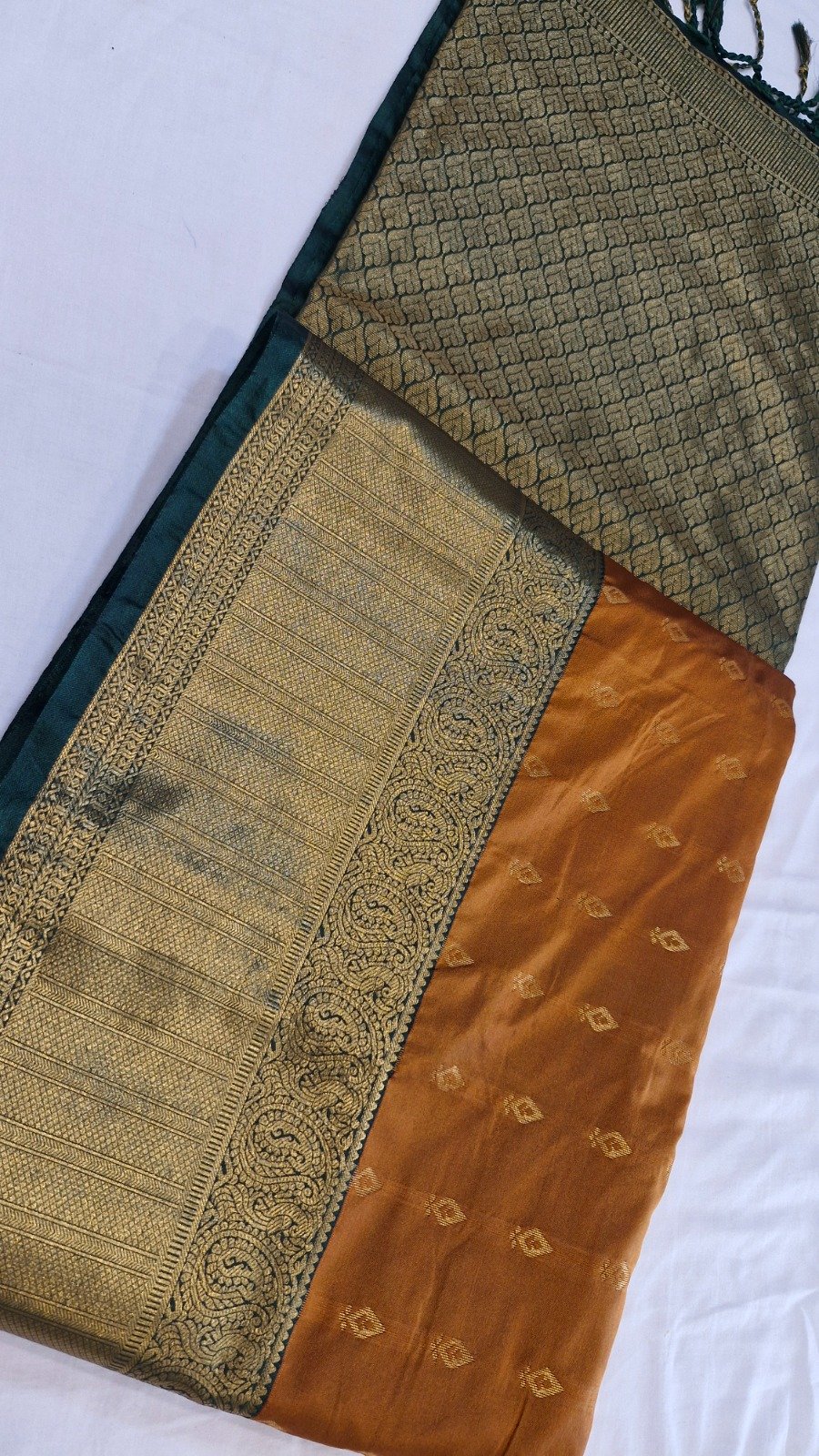Gold Weave Designer Rust Orange And Teal Green Premium Semi Silk Saree Gold Weave Designer Rust Orange And Teal Green Premium Semi Silk Saree - Image 5