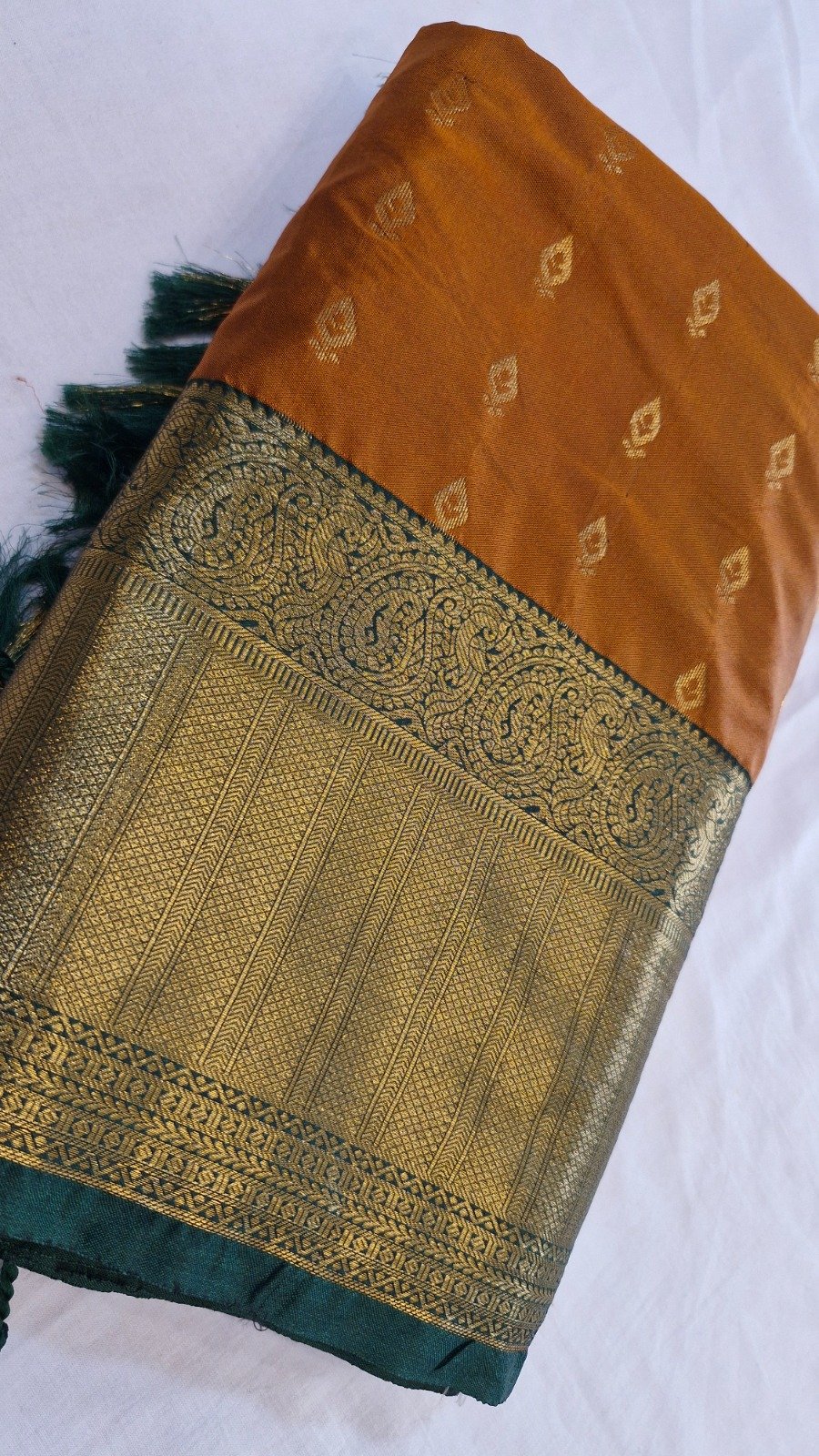 Gold Weave Designer Rust Orange And Teal Green Premium Semi Silk Saree Gold Weave Designer Rust Orange And Teal Green Premium Semi Silk Saree
