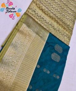 Floral Designer Peacock Blue With Olive Green Premium Semi Silk Saree