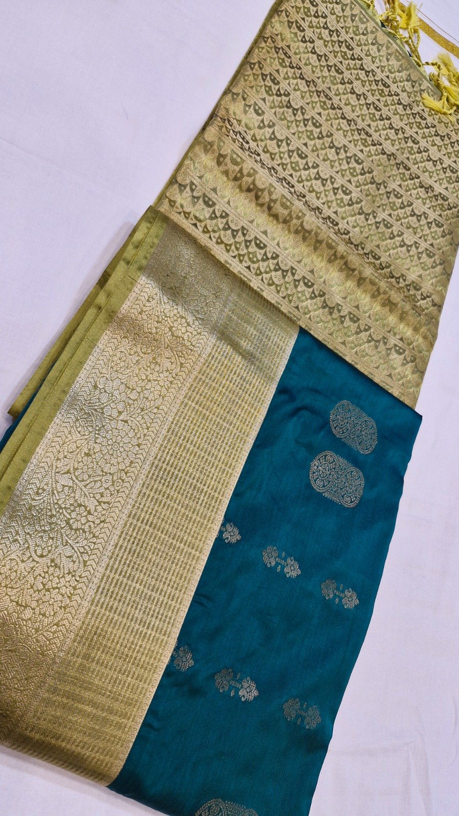 Floral Designer Peacock Blue With Olive Green Premium Semi Silk Saree Floral Designer Peacock Blue With Olive Green Premium Semi Silk Saree - Image 5