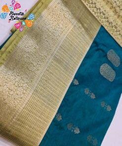 Floral Designer Peacock Blue With Olive Green Premium Semi Silk Saree