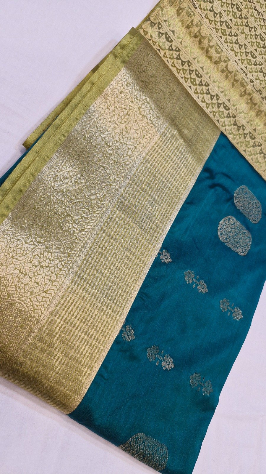 Floral Designer Peacock Blue With Olive Green Premium Semi Silk Saree Floral Designer Peacock Blue With Olive Green Premium Semi Silk Saree - Image 3