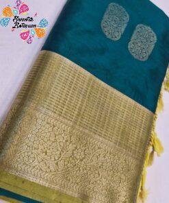 Floral Designer Peacock Blue With Olive Green Premium Semi Silk Saree