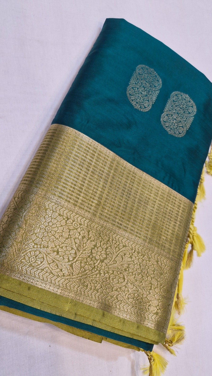 Floral Designer Peacock Blue With Olive Green Premium Semi Silk Saree Floral Designer Peacock Blue With Olive Green Premium Semi Silk Saree