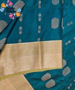 Floral Designer Peacock Blue With Olive Green Premium Semi Silk Saree