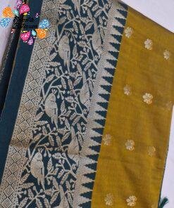 Floral Designer Mustard Gold With Deep Peacock Blue Premium Semi Silk Saree