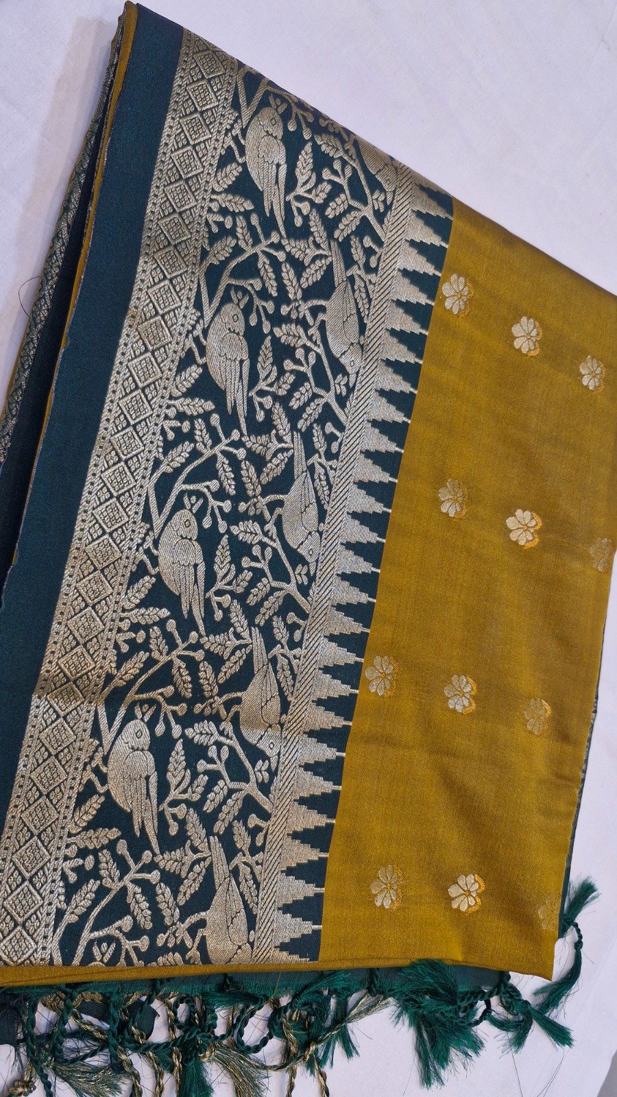 Floral Designer Mustard Gold With Deep Peacock Blue Premium Semi Silk Saree Floral Designer Mustard Gold With Deep Peacock Blue Premium Semi Silk Saree - Image 4
