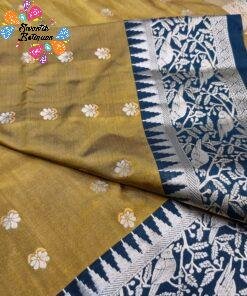 Floral Designer Mustard Gold With Deep Peacock Blue Premium Semi Silk Saree