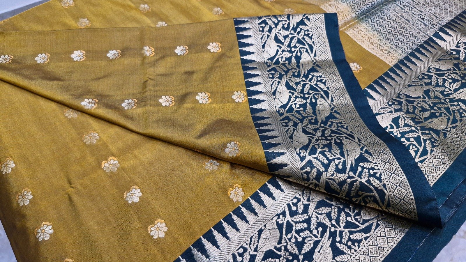 Floral Designer Mustard Gold With Deep Peacock Blue Premium Semi Silk Saree Floral Designer Mustard Gold With Deep Peacock Blue Premium Semi Silk Saree - Image 5