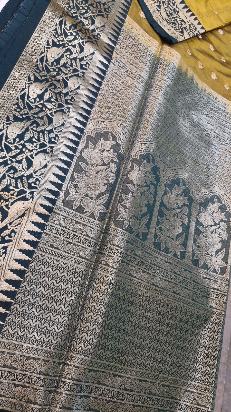 Floral Designer Mustard Gold With Deep Peacock Blue Premium Semi Silk Saree Floral Designer Mustard Gold With Deep Peacock Blue Premium Semi Silk Saree - Image 7