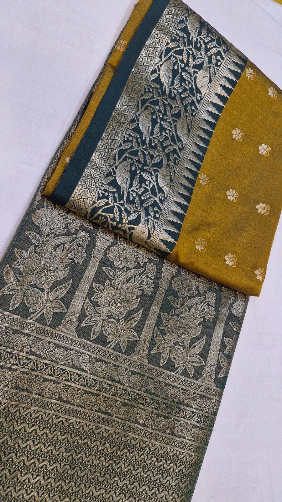 Floral Designer Mustard Gold With Deep Peacock Blue Premium Semi Silk Saree Floral Designer Mustard Gold With Deep Peacock Blue Premium Semi Silk Saree - Image 3