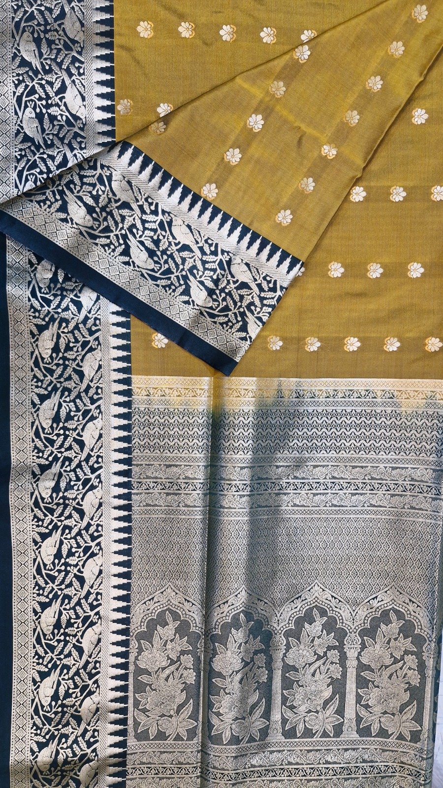 Floral Designer Mustard Gold With Deep Peacock Blue Premium Semi Silk Saree Floral Designer Mustard Gold With Deep Peacock Blue Premium Semi Silk Saree - Image 6