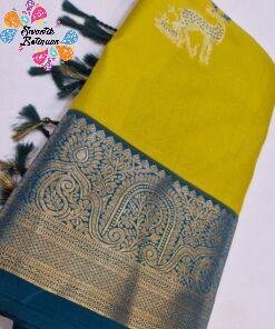 Deer Designer Lime Yellow And Peacock Blue Premium Semi Silk Saree